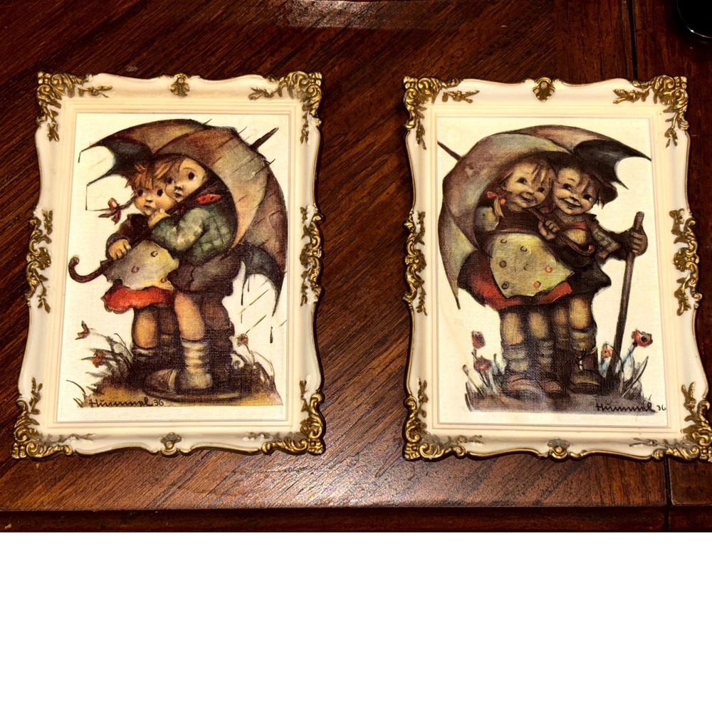 Vintage Hummel Art‎ Print Pair No. 90 GDK West Germany Framed Children Umbrella